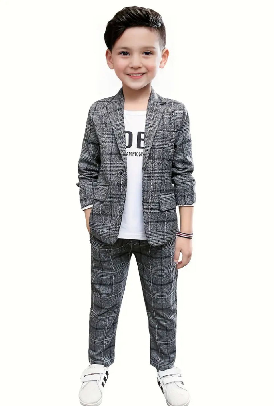 2pcs Boy's Tartan Pattern Gentleman Outfit, Suit Jacket & Pants Set