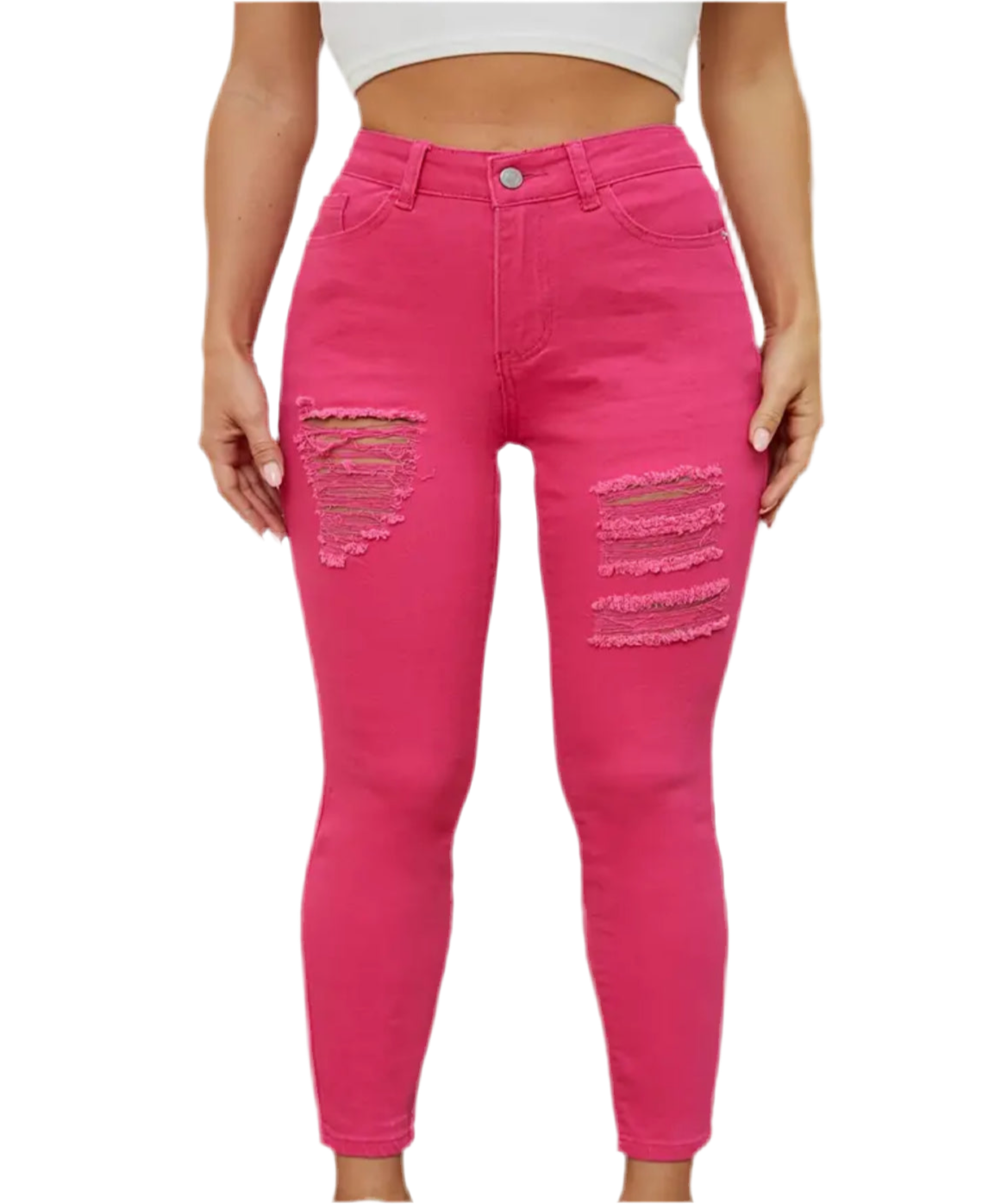 Women’s Distressed, Hot Magenta Ripped Jeans, Medium Stretch High Rise