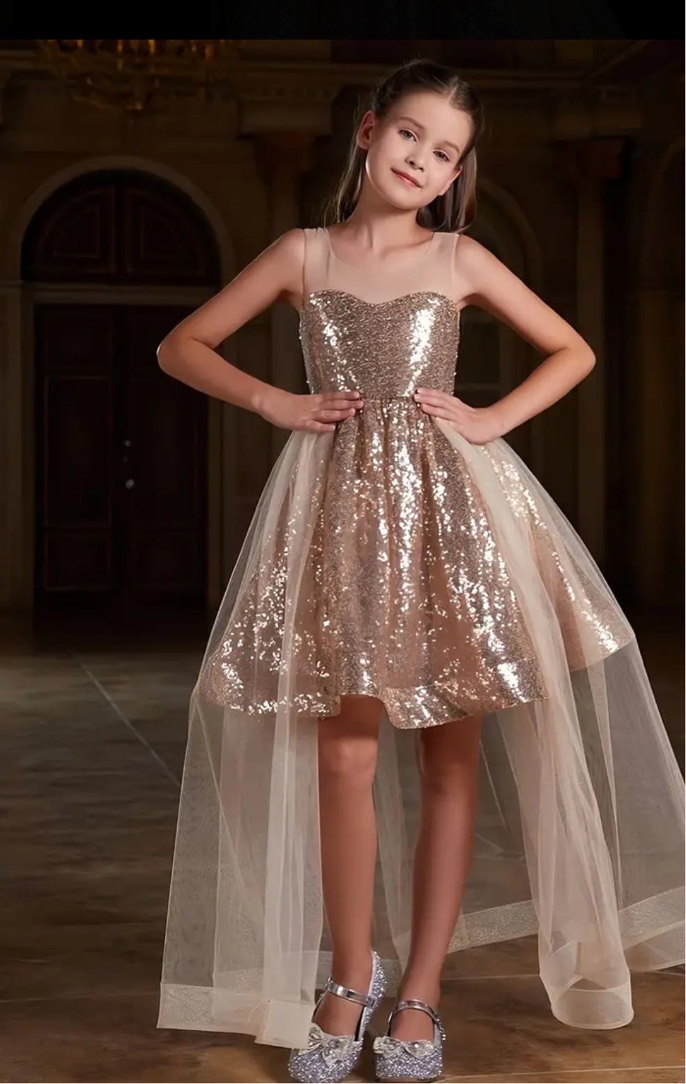 Girls' Sparkling Sequin Dress With Tulle Overlay, Long Formal Gown