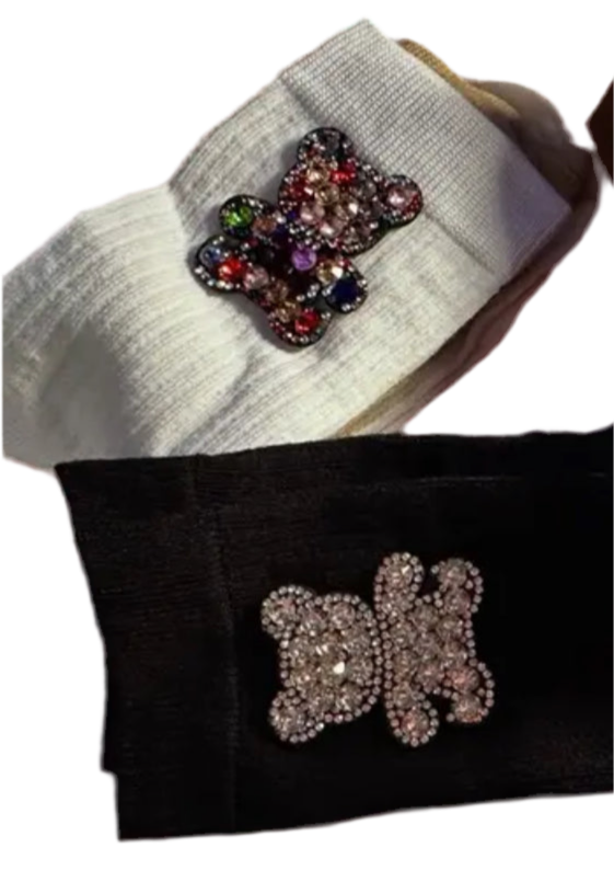 6 Pairs, Designer “Rhinestone Modish Teddy Bear” Mid Tube