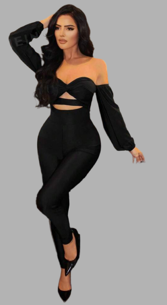 Off-Shoulder Tight Jumpsuit, Sexy Hollow Out