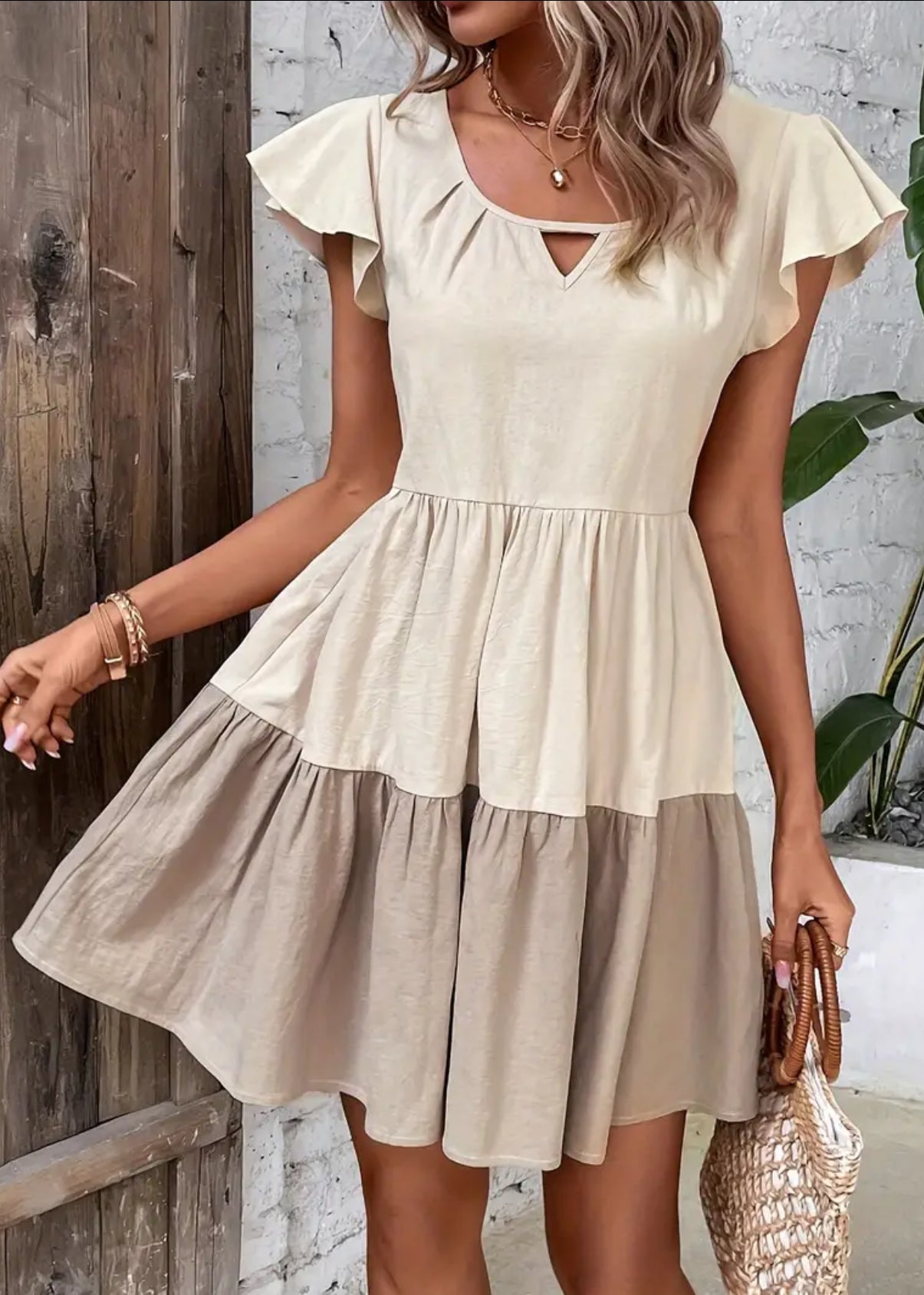 Color Block Ruffle Hem Dress, Earth Tones