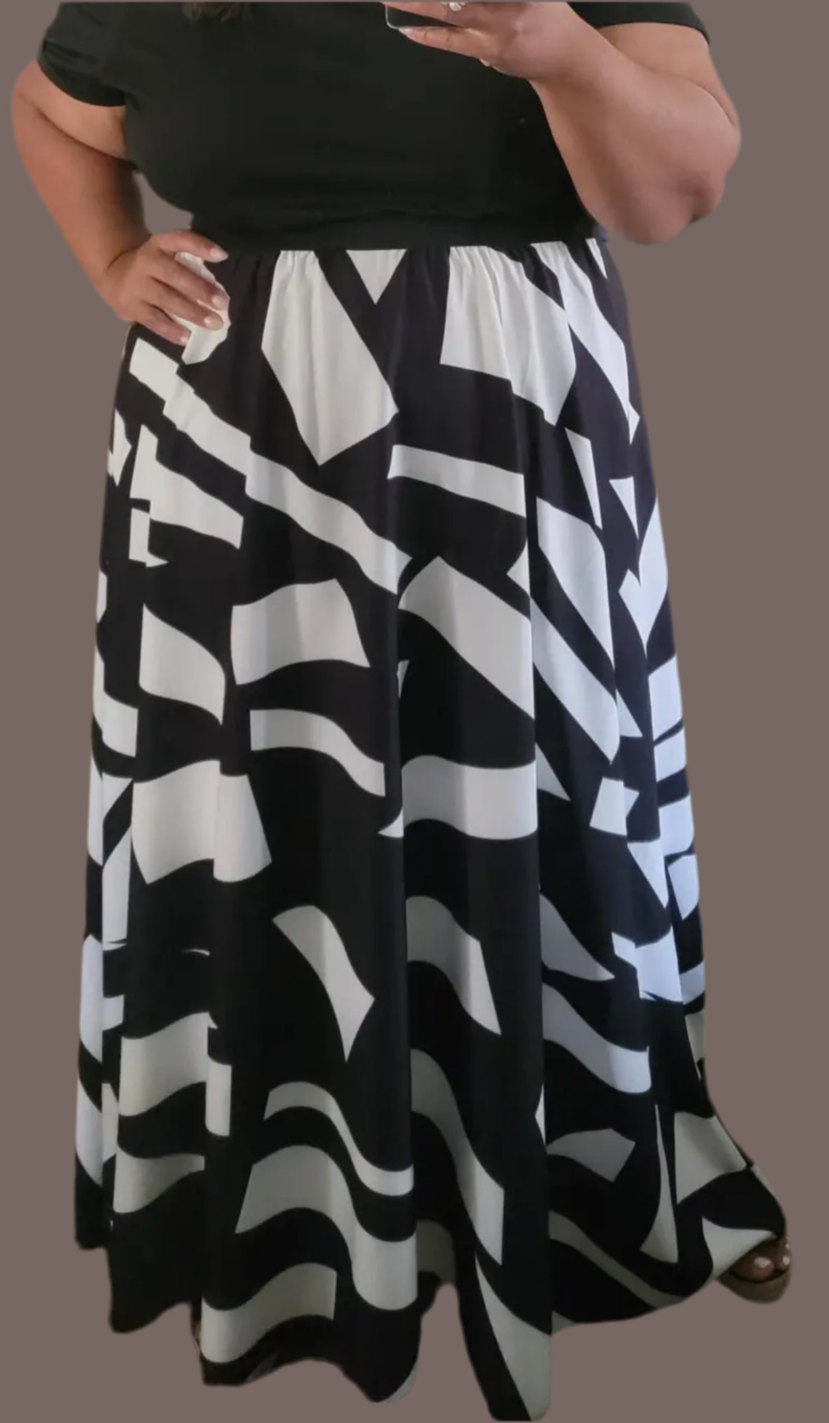 Plus Size Elegant Pleated Geo Print, High Rise A-line Maxi Skirt, XL14-5XL22