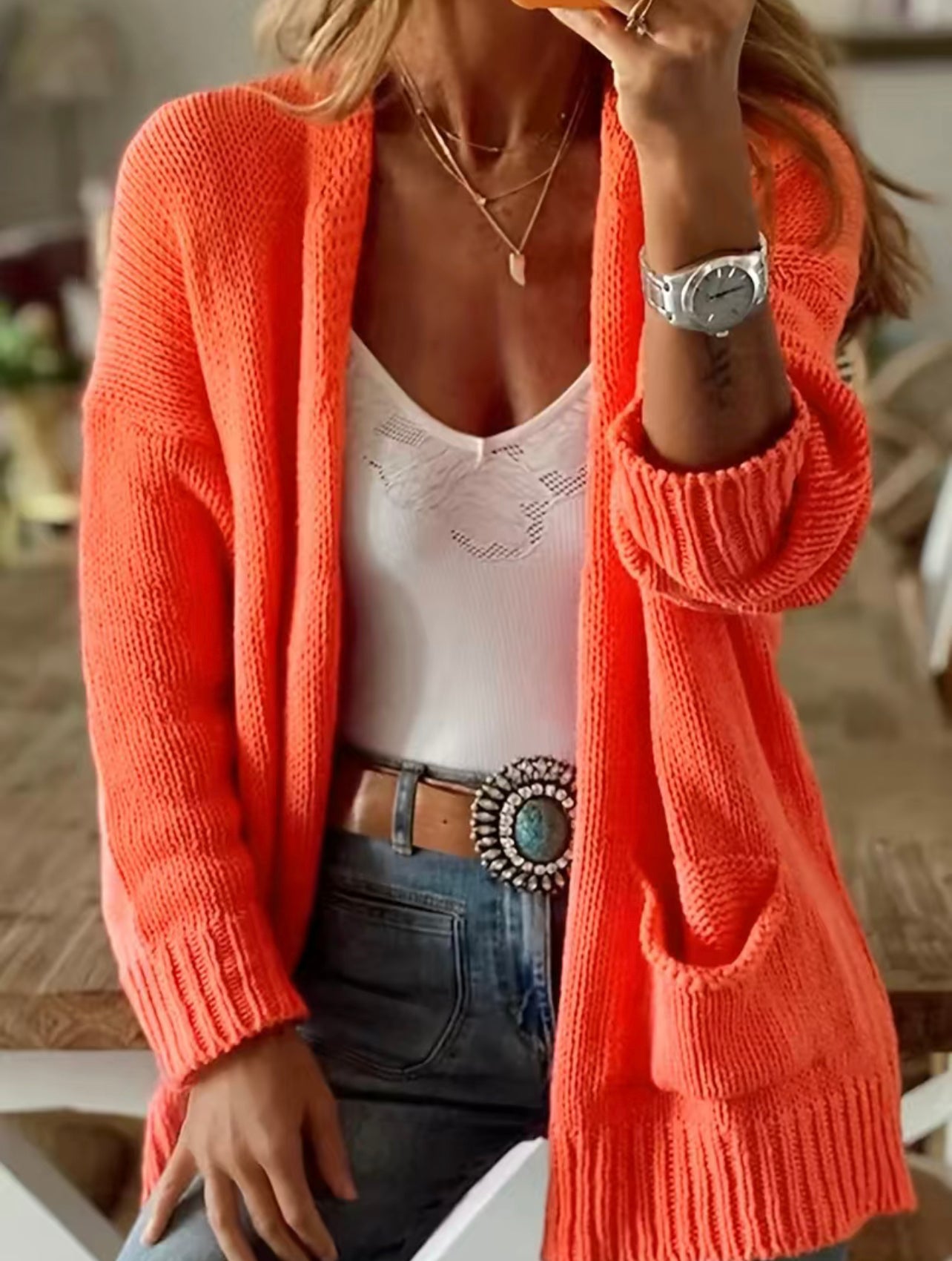Casual Nectarine Color Cardigan, Women's Front Drop Shoulder With Pockets