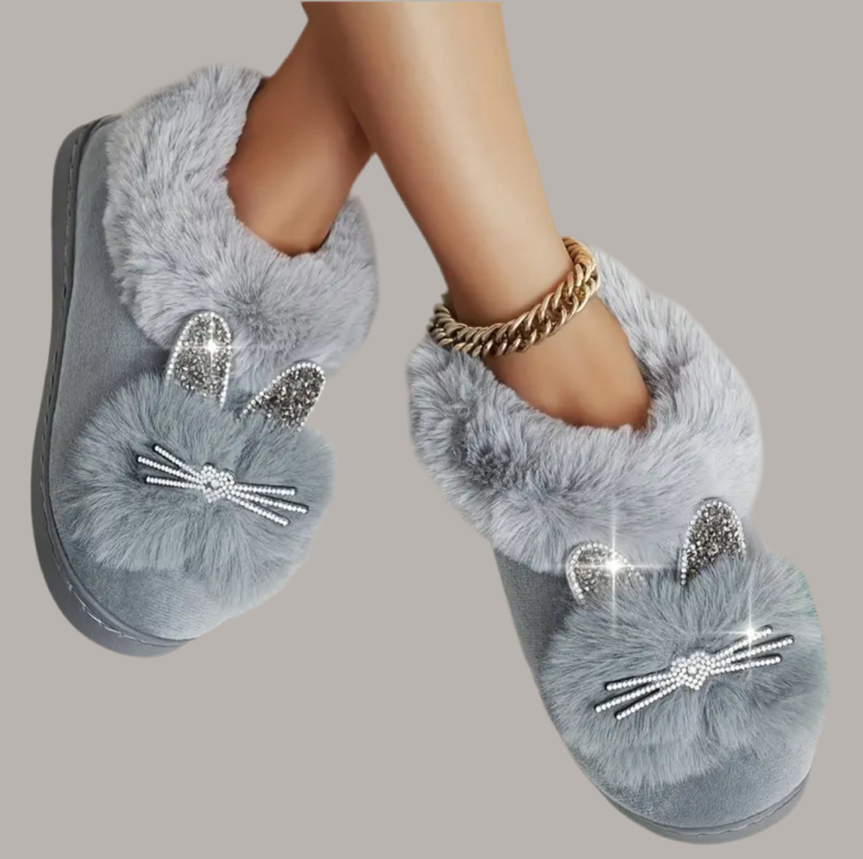 Rhinestone Plush Cat Slippers - Cozy Warm Fluffy Soft Sole Slip-On Fuzzy Home Slippers with Velvet Lining