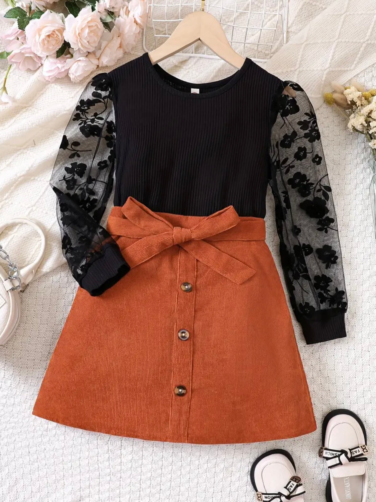 Conjunto elegante para niña, 2 piezas, blusa con mangas de malla y falda de pana