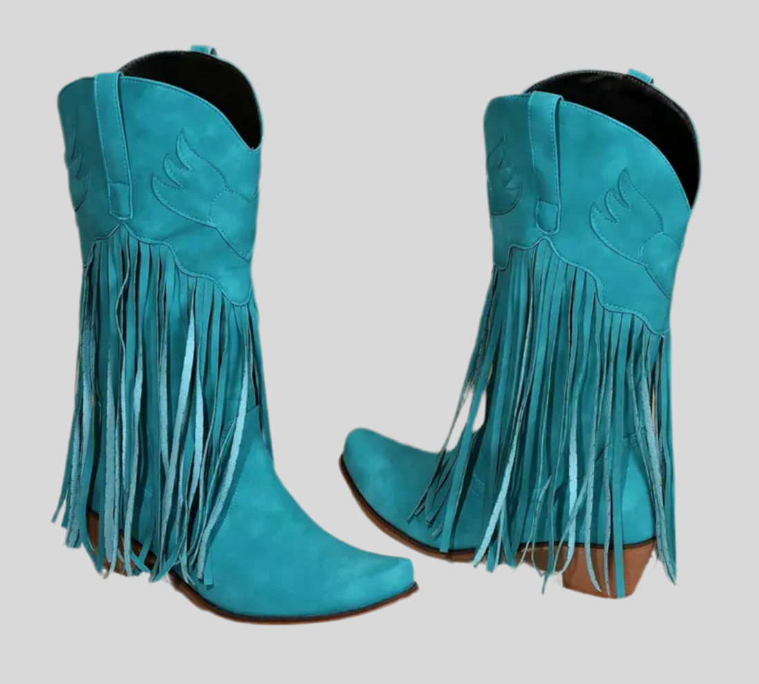 Women Fringe Tassel Cowgirl Boots Stacked Heel Retro Boots | Mid Calf Embroidered