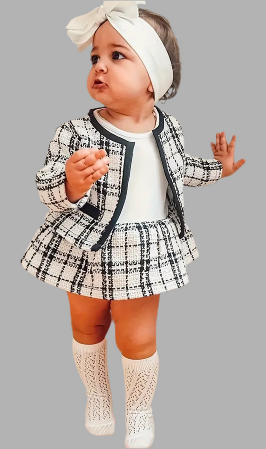 Baby Girls 2Pcs Princess, Formal Black & White Plaid Coat, O Neck & Dress Skirt