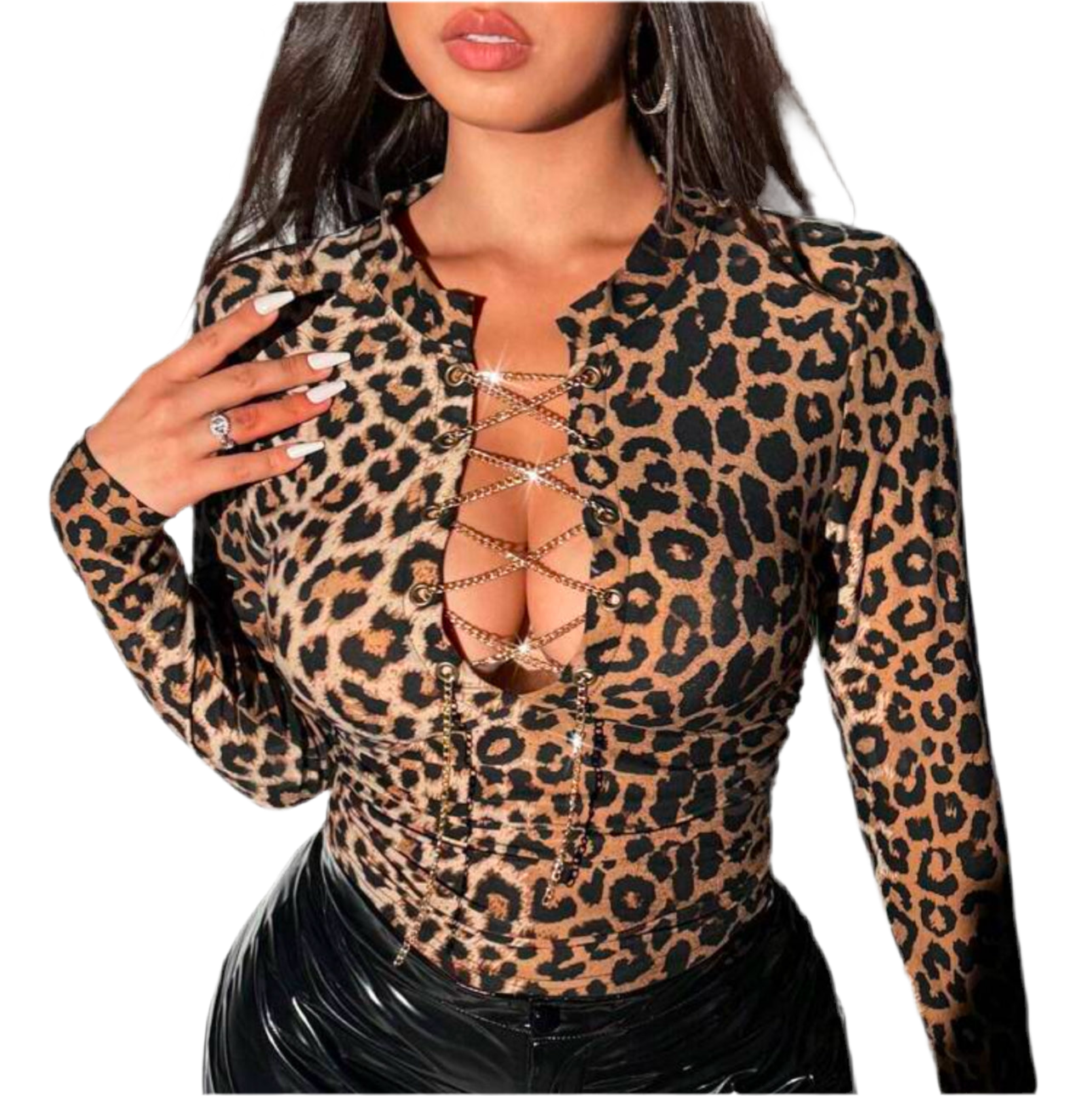 Posh 💋 Plus Size, Leopard Print, Chain Hollow Out, Waist Flattering, Long Sleeve Top