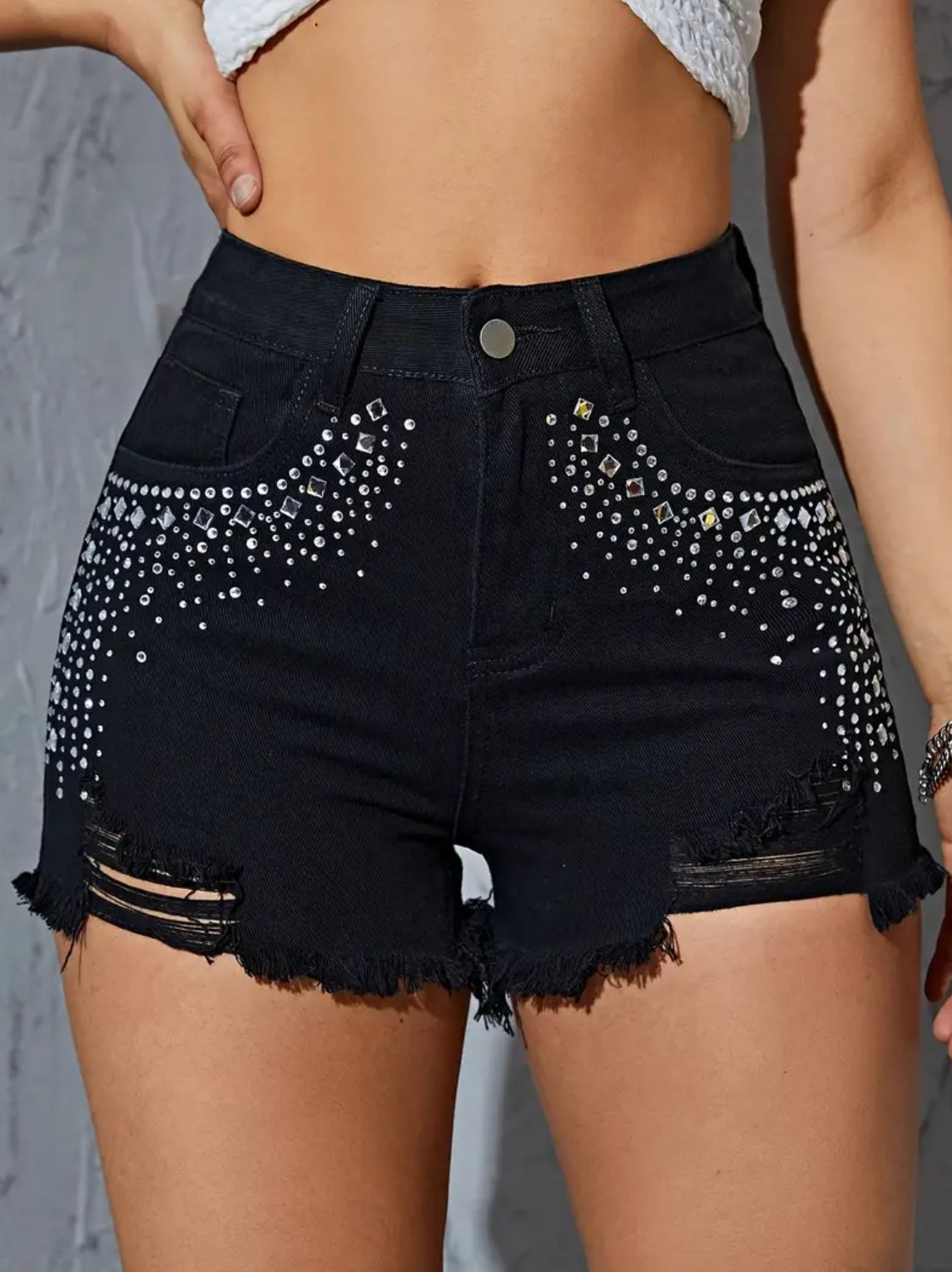 Crystal’s Black Distressed Denim Shorts