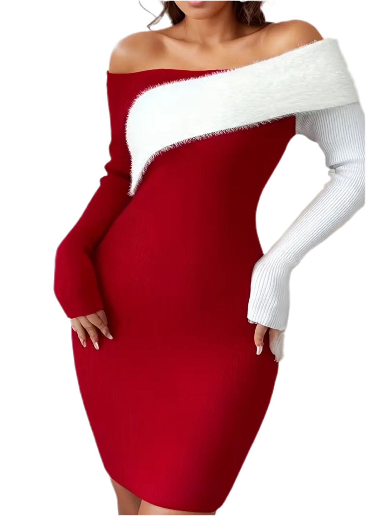 1pc Elegant “Santa Baby” Off-The-Shoulder, Faux Fur Trim, Sweater Dress