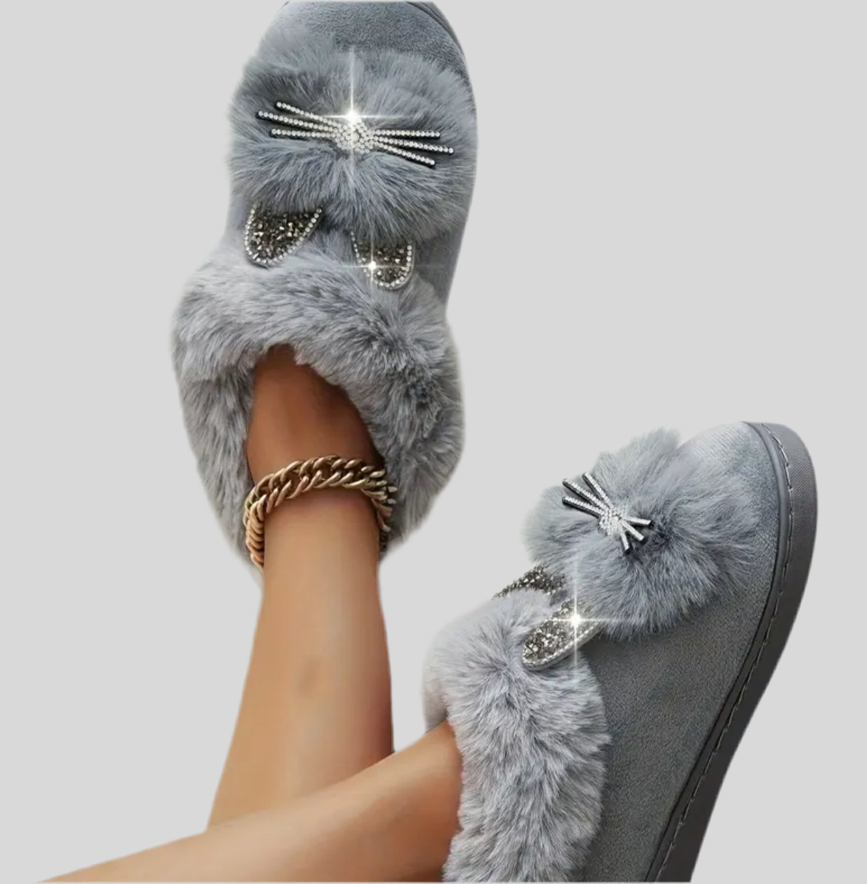 Rhinestone Plush Cat Slippers - Cozy Warm Fluffy Soft Sole Slip-On Fuzzy Home Slippers with Velvet Lining