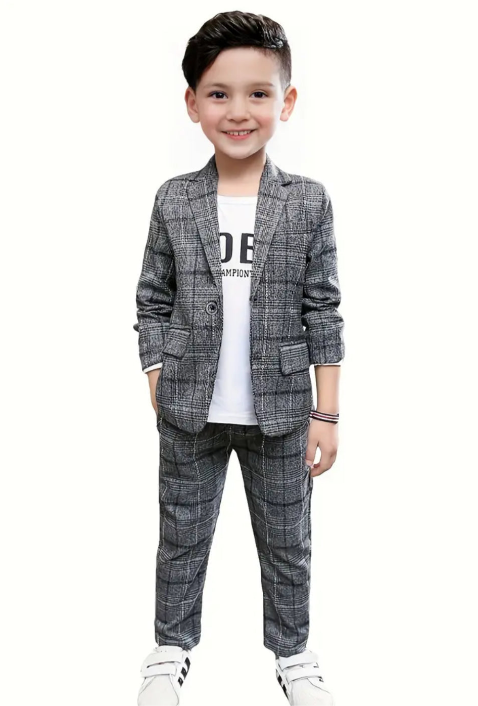 2pcs Boy's Tartan Pattern Gentleman Outfit, Suit Jacket & Pants Set