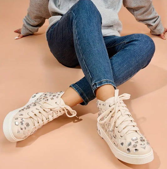 Zapatillas altas con cordones y decoración de diamantes de imitación para mujer