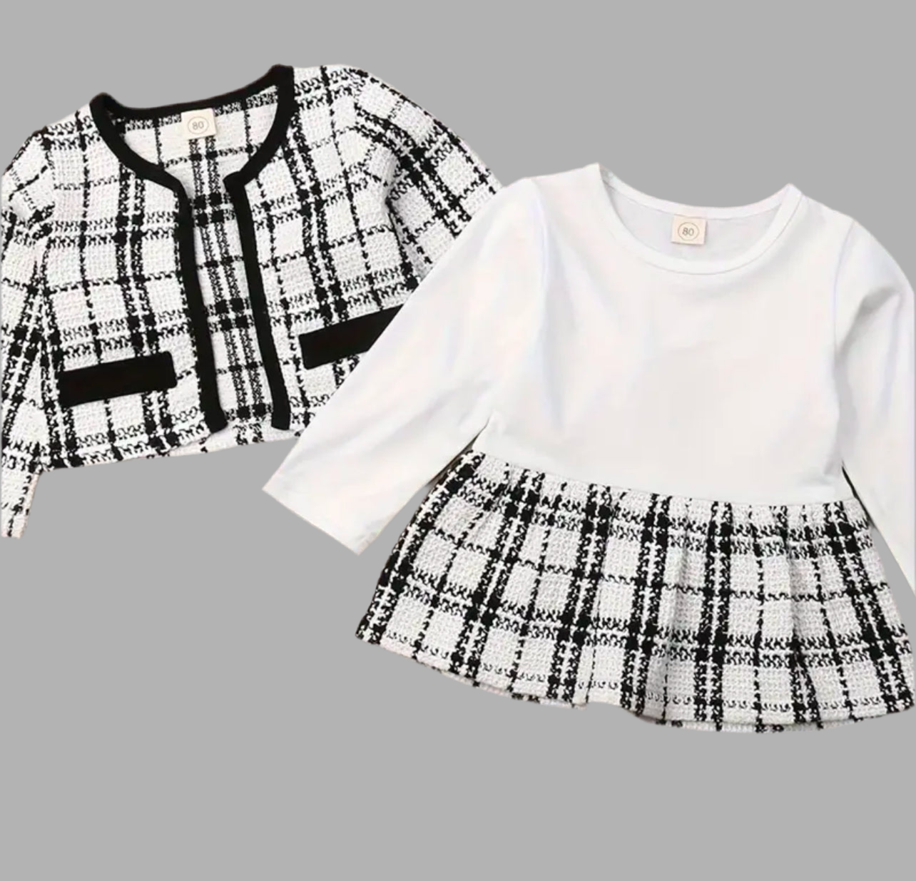 Baby Girls 2Pcs Princess, Formal Black & White Plaid Coat, O Neck & Dress Skirt