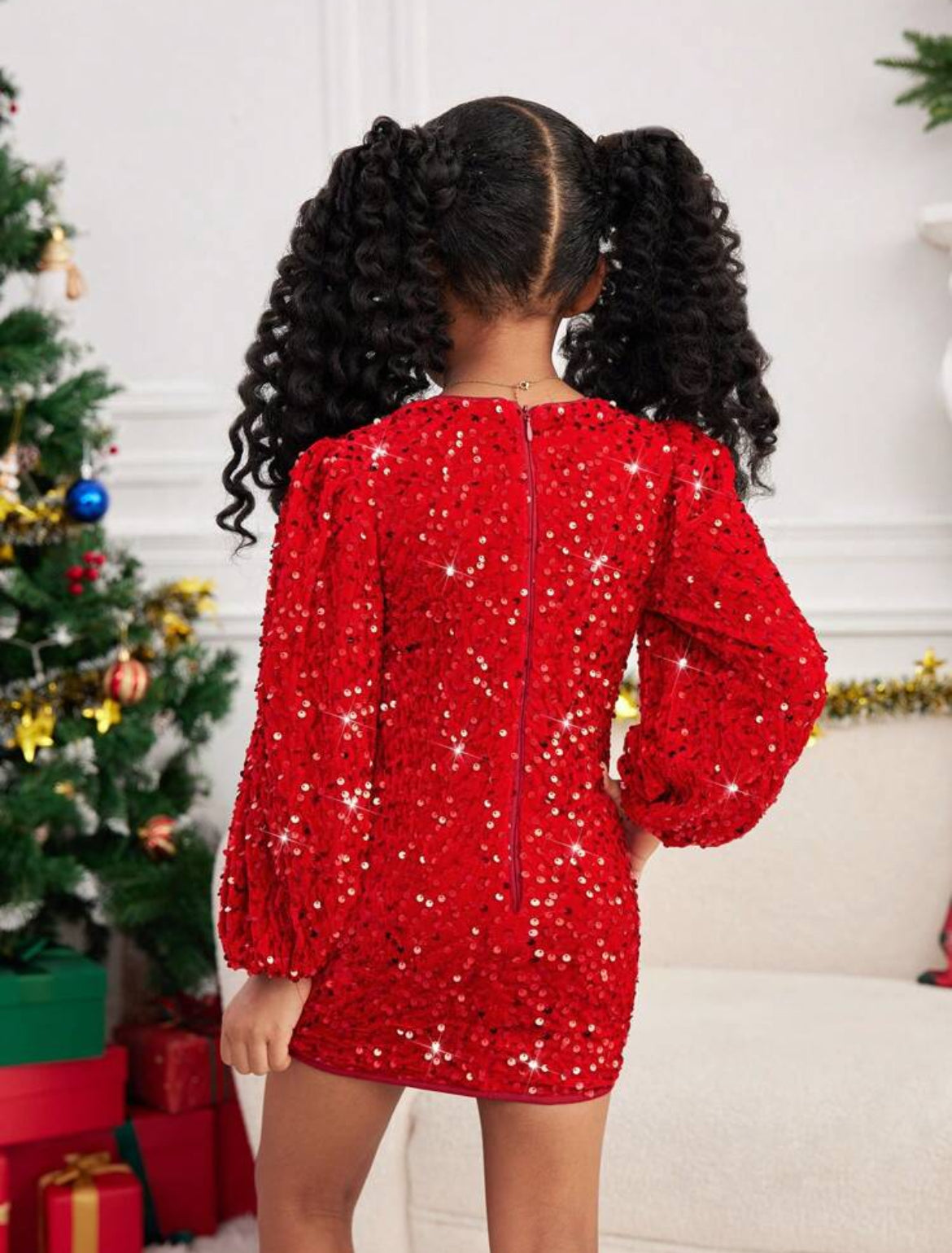 “My Family & Me” Little Girls Velvet Sequin Embroidery, Woven Round Neck, Puff Sleeve, Fitted, Zipper, Elegant Dress