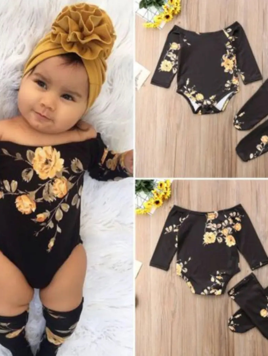 2pcs Baby Girl 🌼 Off Shoulder Flower Romper+Leg Warmers