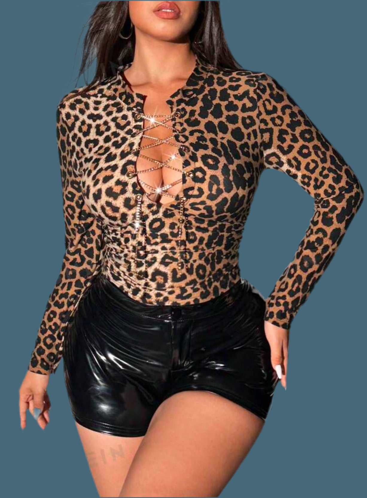 Posh 💋 Plus Size, Leopard Print, Chain Hollow Out, Waist Flattering, Long Sleeve Top