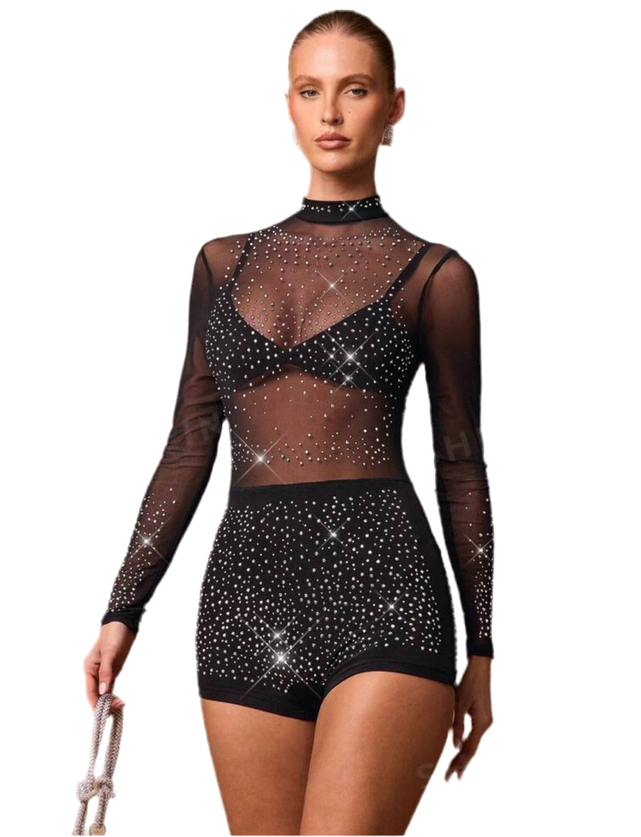 Elegant Sheer Rhinestone Crystals Embellished Tight Jumpsuit, Long Sleeve, Mock Neck