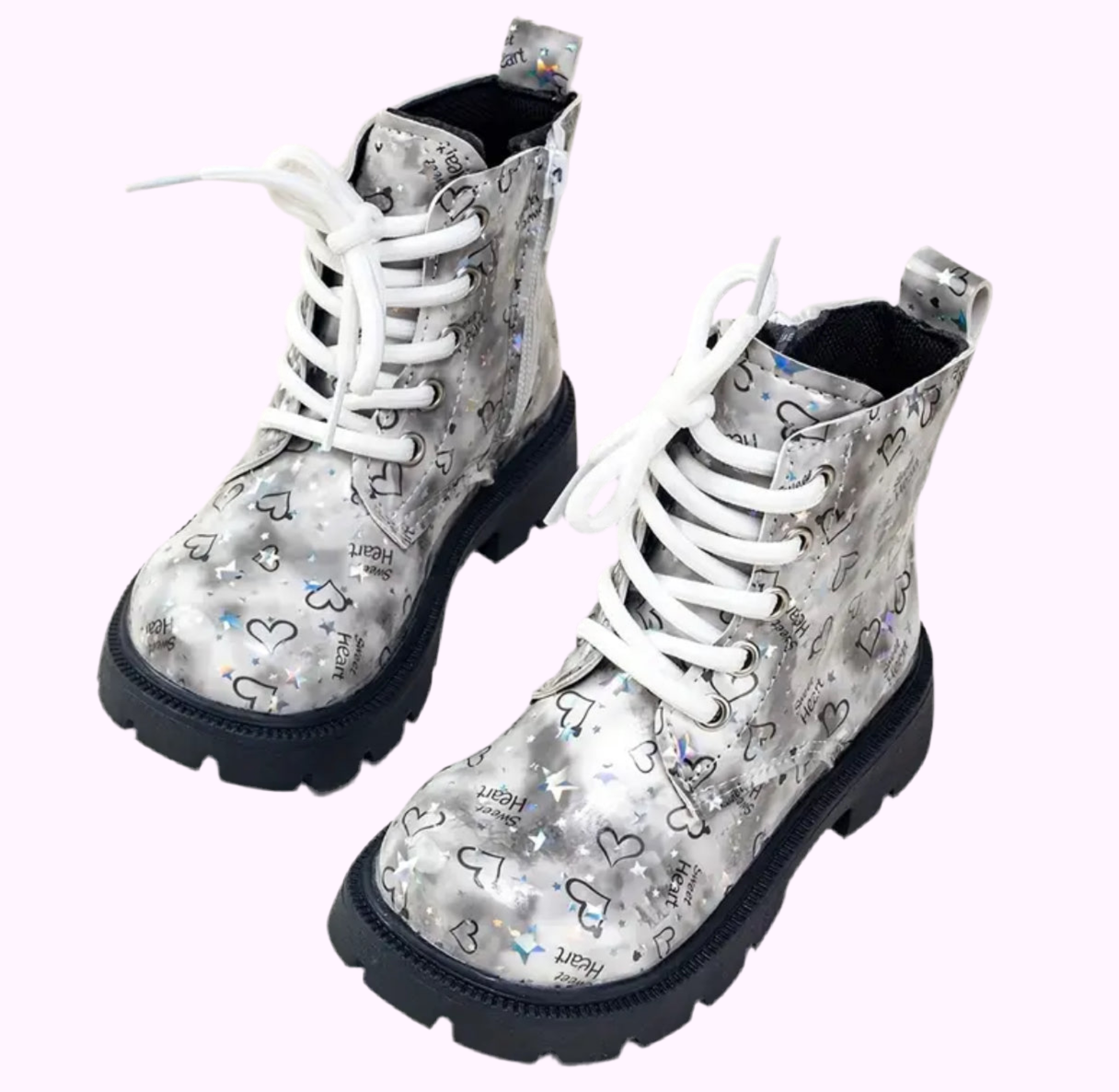 “Hearts & Confetti” Fashion Boots, Heart/Star Pattern, Zip Closure, PU Upper with Fabric Lining