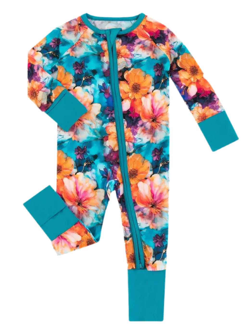 “Gardenia” Baby Bamboo Fabric, Elastic, Infant Long Sleeve Zip Up Bodysuit