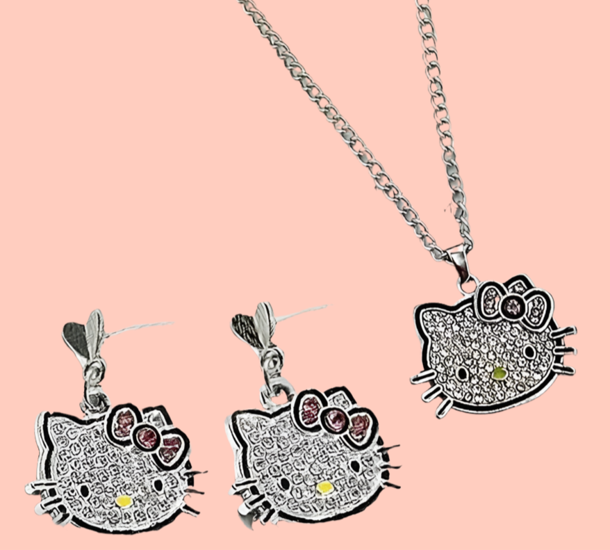 Conjunto de joyas de Hello Kitty con licencia de Sanrio: encantador collar y pendientes con colgante