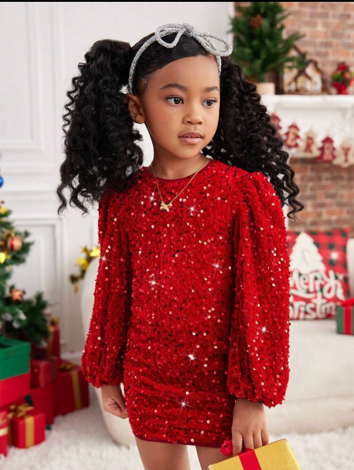 “My Family & Me” Little Girls Velvet Sequin Embroidery, Woven Round Neck, Puff Sleeve, Fitted, Zipper, Elegant Dress