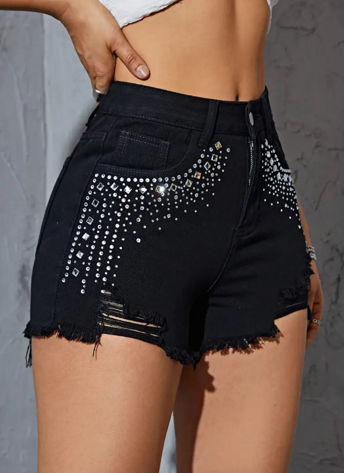 Crystal’s Black Distressed Denim Shorts