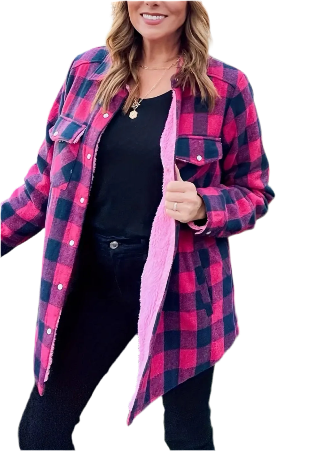 Pinks Thick Plaid Lambskin Lined Jacket, Chest & Side Pockets