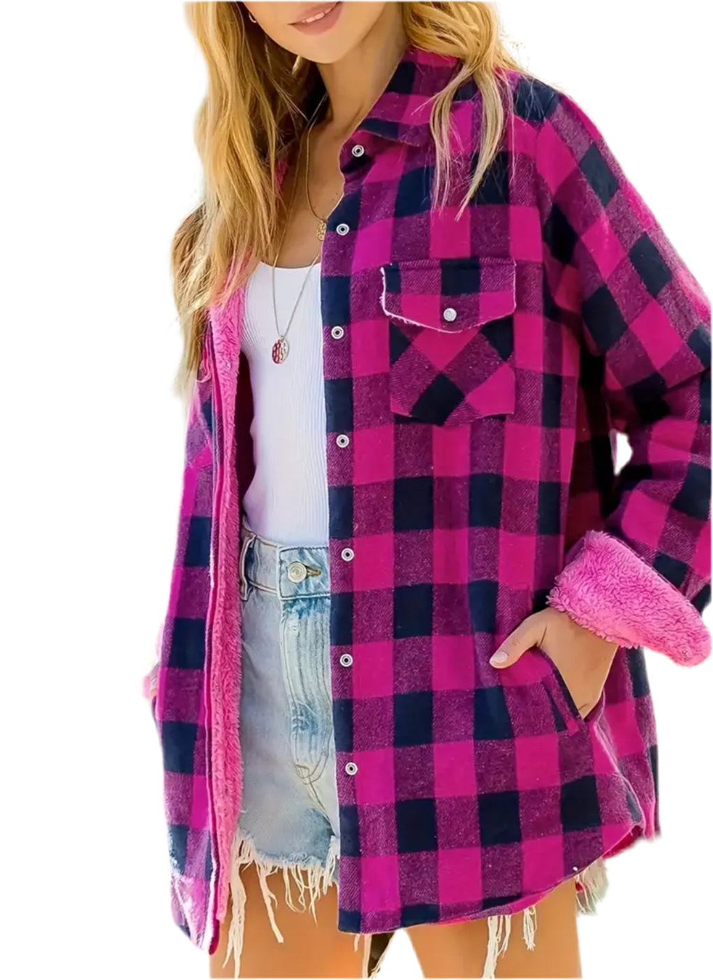 Pinks Thick Plaid Lambskin Lined Jacket, Chest & Side Pockets