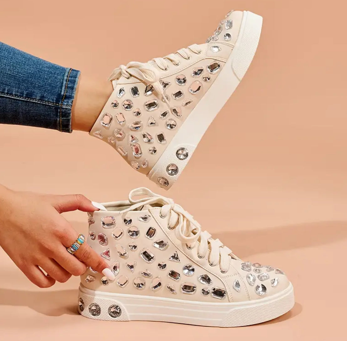 Zapatillas altas con cordones y decoración de diamantes de imitación para mujer