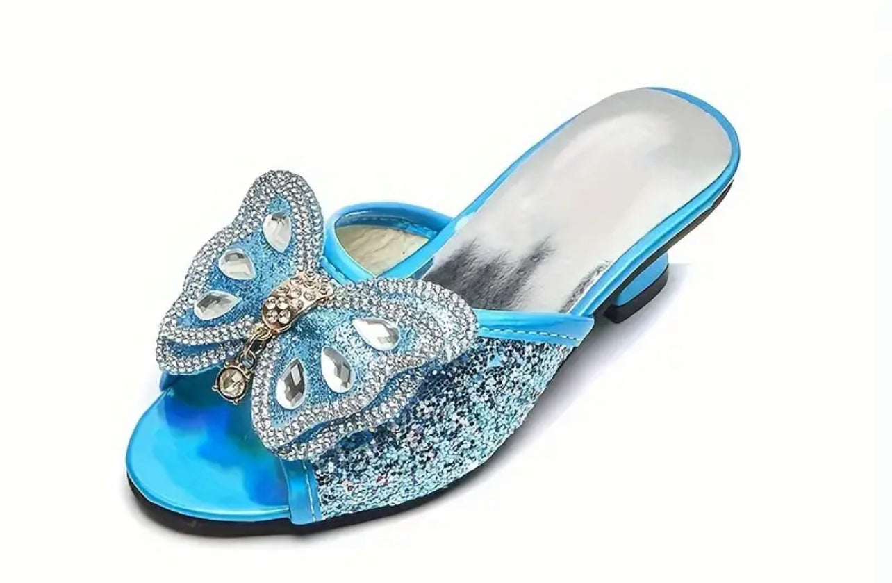 Lindos zapatos de tacón alto sin cordones con mariposas y diamantes de imitación brillantes para niñas