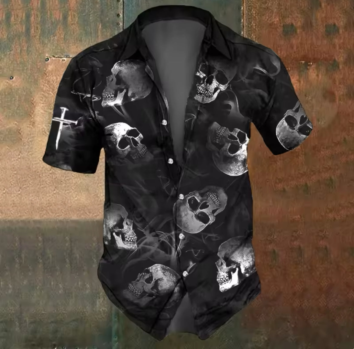 Fashion Horror Skull Cross Print Street, Short Sleeve, Men’s Dress Shirts , XS-5XL