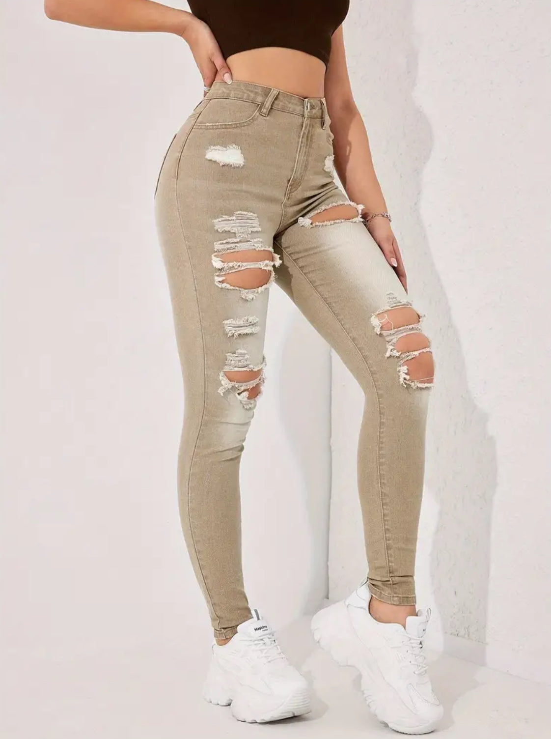 Distressed Ripped Washed Skinny Fit Retro Style Denim Jeans