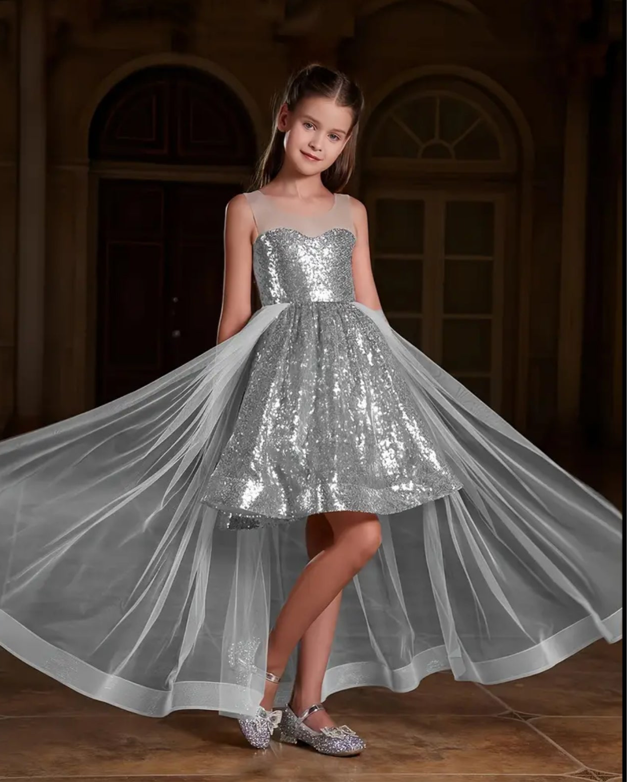 Girls' Sparkling Sequin Dress With Tulle Overlay, Long Formal Gown