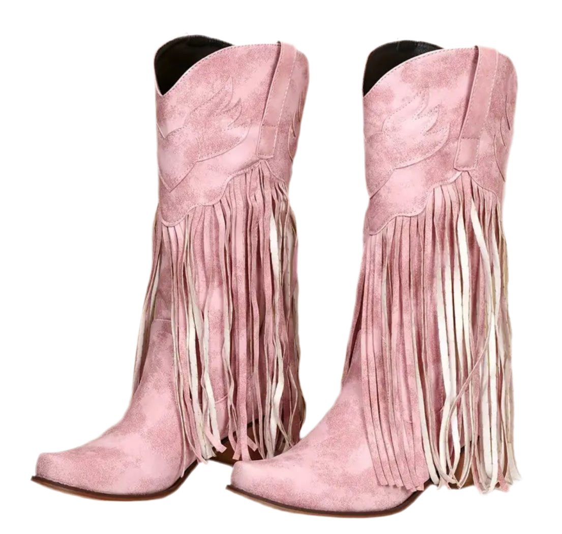 Women Fringe Tassel Cowgirl Boots Stacked Heel Retro Boots | Mid Calf Embroidered