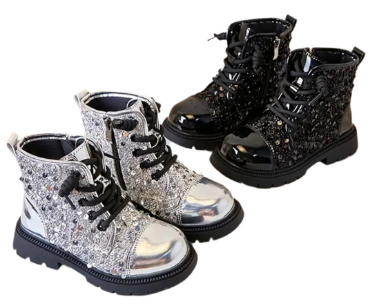 Girls' “Stars & Glitter” Low Tops, Sparkling Sequin Ankle Boots, Side Zip