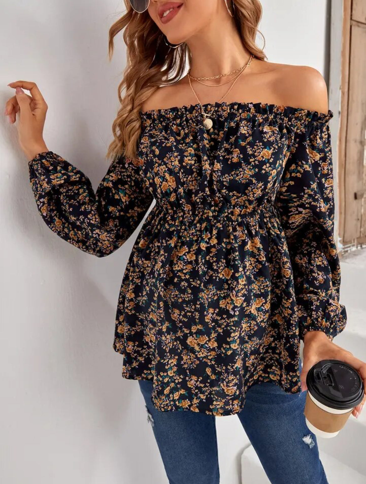 Blusa de manga larga con hombros descubiertos y flores para maternidad para mujer