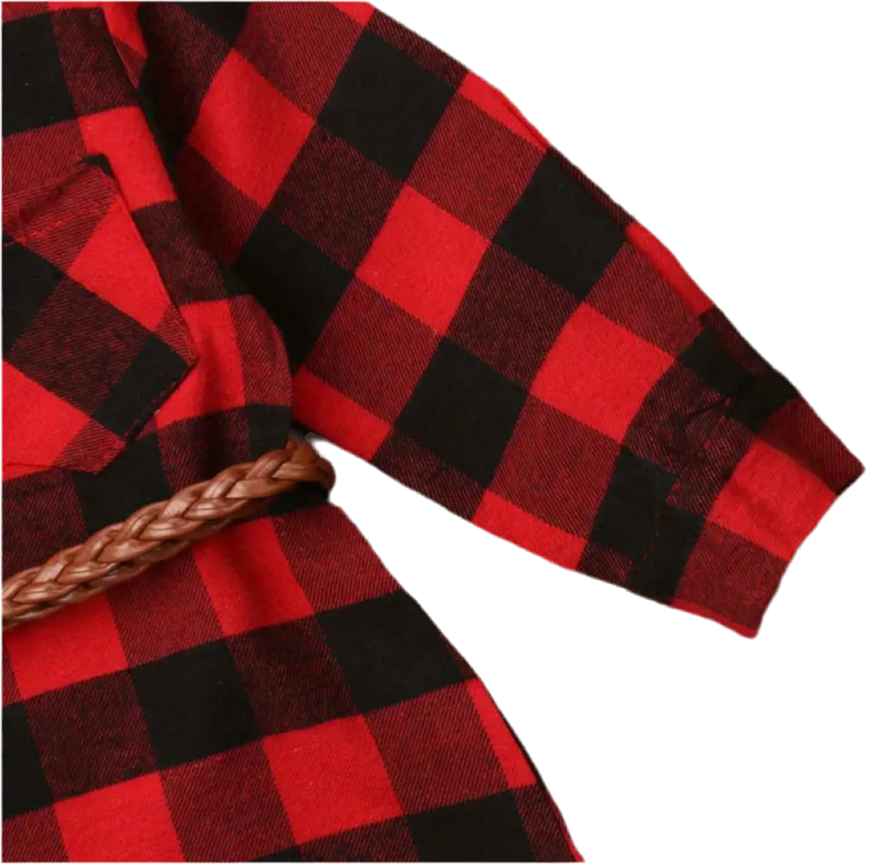 “Holly” Black Red Plaid T-Shirt Blouse Dress + Twist Belt, Long Sleeve, Toddler Baby Girl Outfit