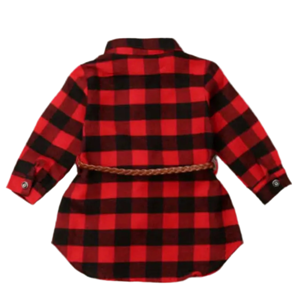 “Holly” Black Red Plaid T-Shirt Blouse Dress + Twist Belt, Long Sleeve, Toddler Baby Girl Outfit