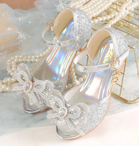 “Trendy Bows” Shiny Rhinestone Sequin, High Heel Shoes For Girls