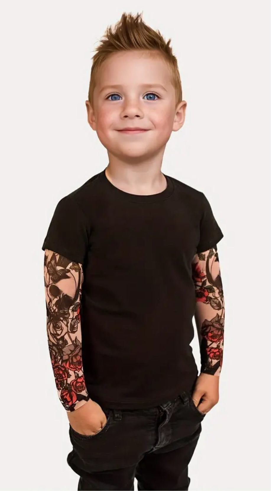 Stylish Faux, Two-piece Tattoo Pattern, Long Sleeve T-shirt For Boy's