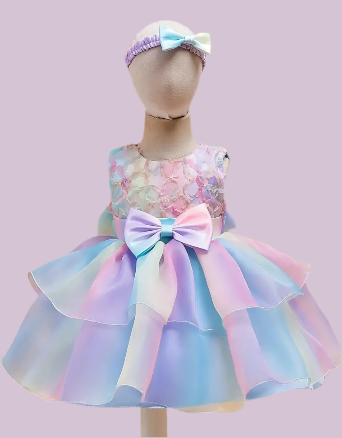 “Rainbow” Fancy Sleeveless Gradient Puffy Bowknot Dress + Headband