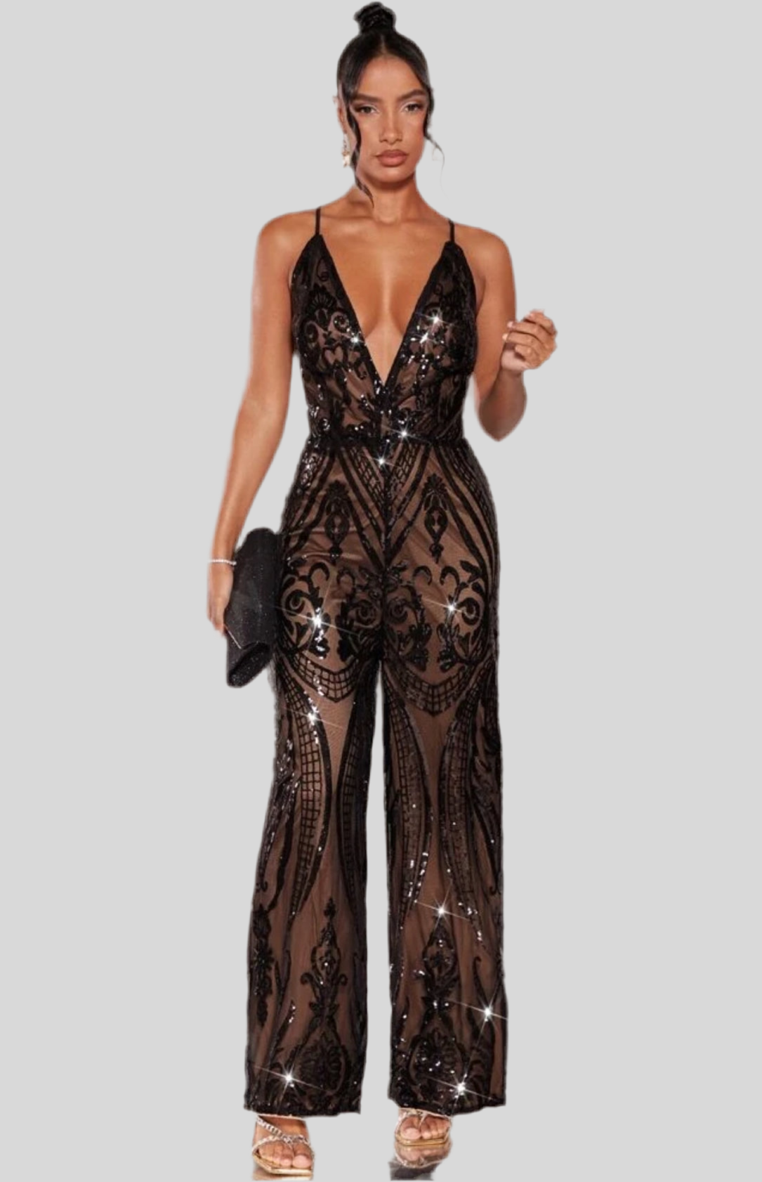 “Genevieve” Crisscross Lace Up Backless Sequin Cami Jumpsuit