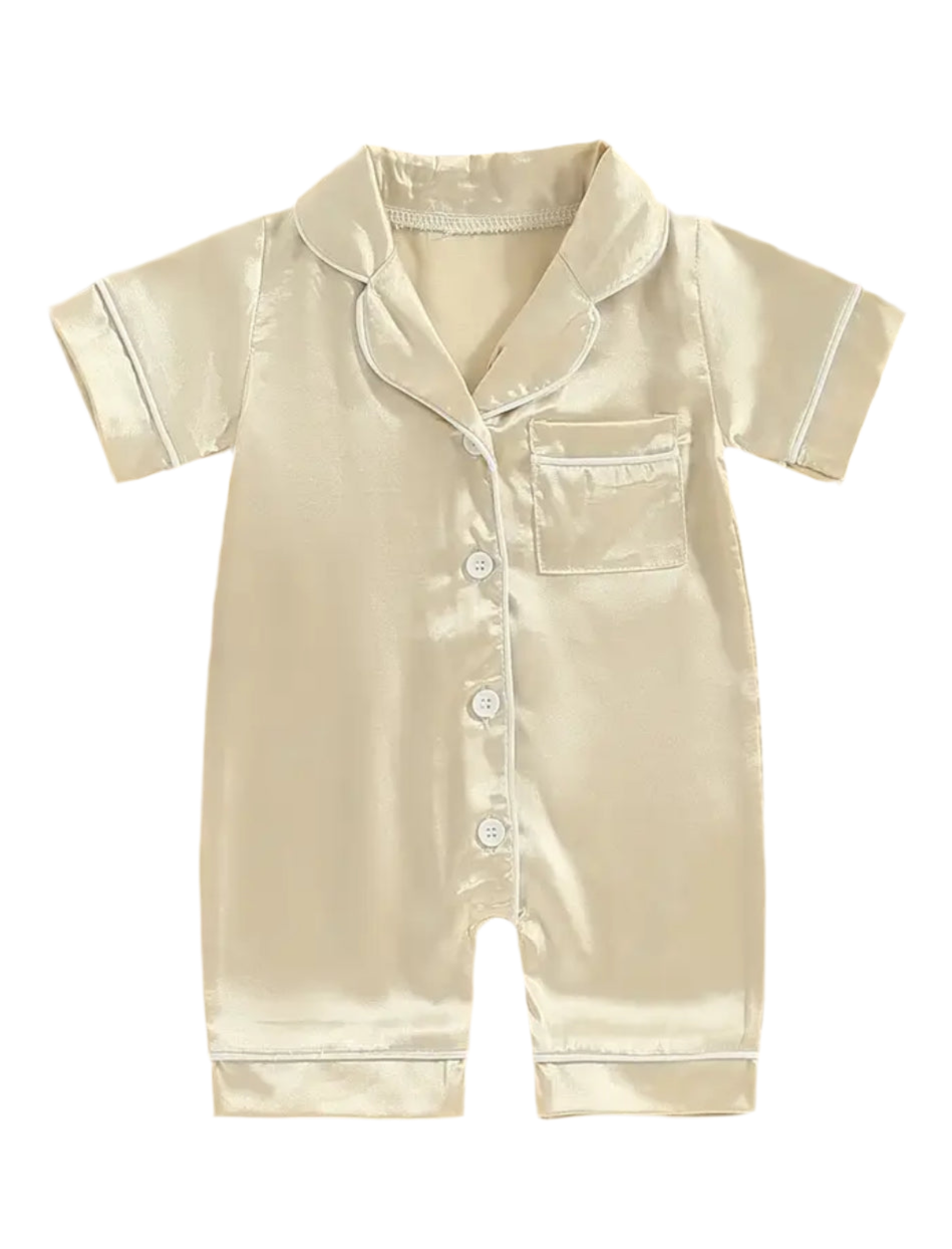 “Bougie Baby Silk” V-Neck - Short Sleeve, Button-Up, Jumpsuit Pajama