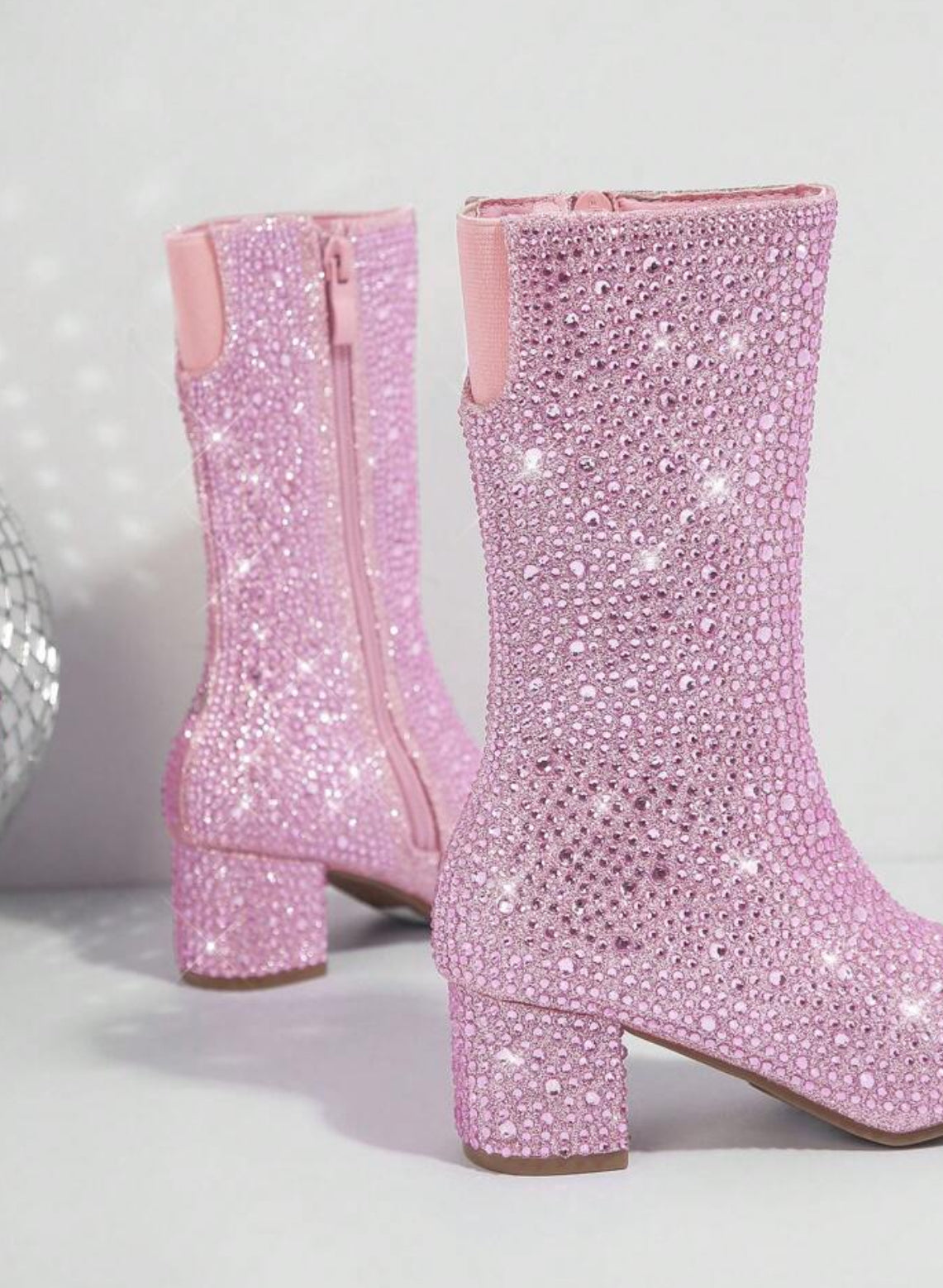 Botas de tacón grueso con cremallera lateral y diamantes de imitación para niñas