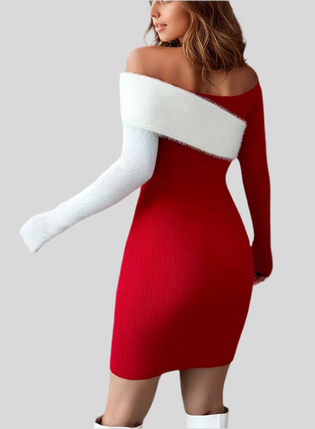 1pc Elegant “Santa Baby” Off-The-Shoulder, Faux Fur Trim, Sweater Dress