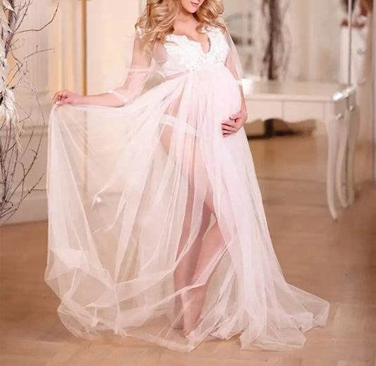 White Tulle Maxi Baby Shower Gowns- Maternity Photoshoot