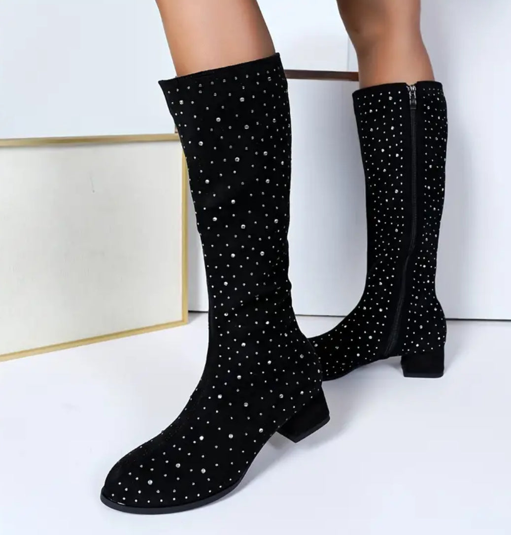 Chic Women's Mid-Calf Boots with Rhinestone Accents