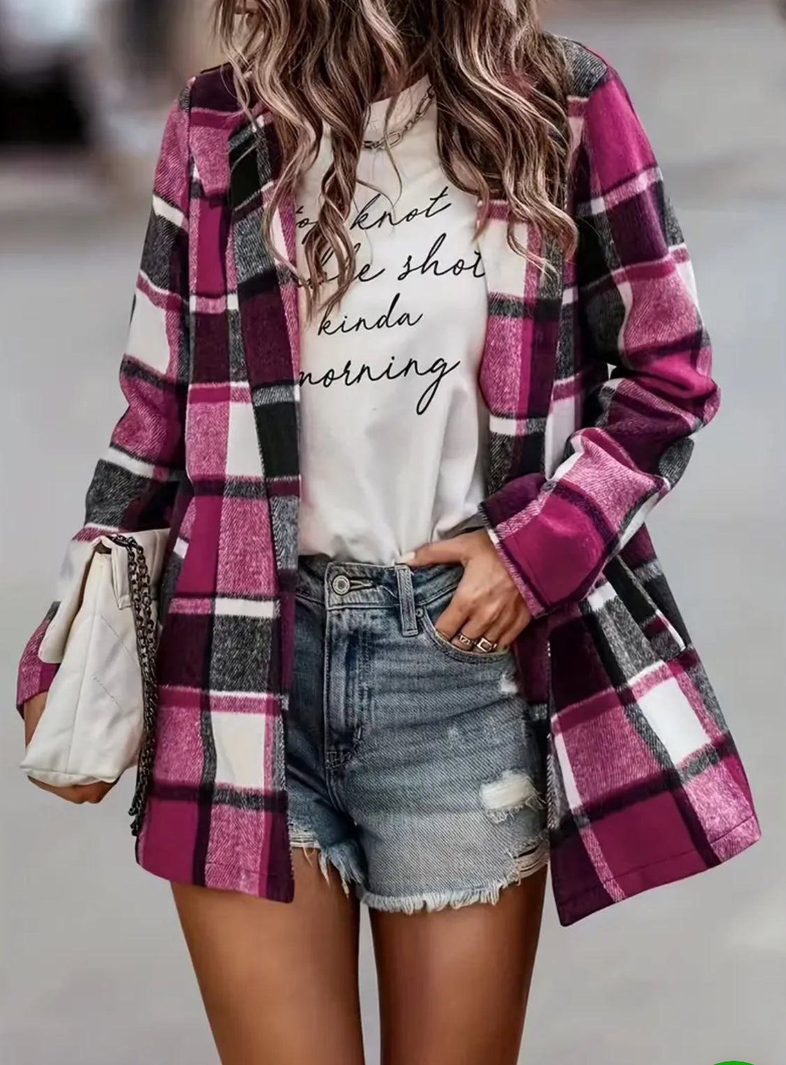 Country Chic, Plaid Button Front, Casual Long Sleeve Jacket